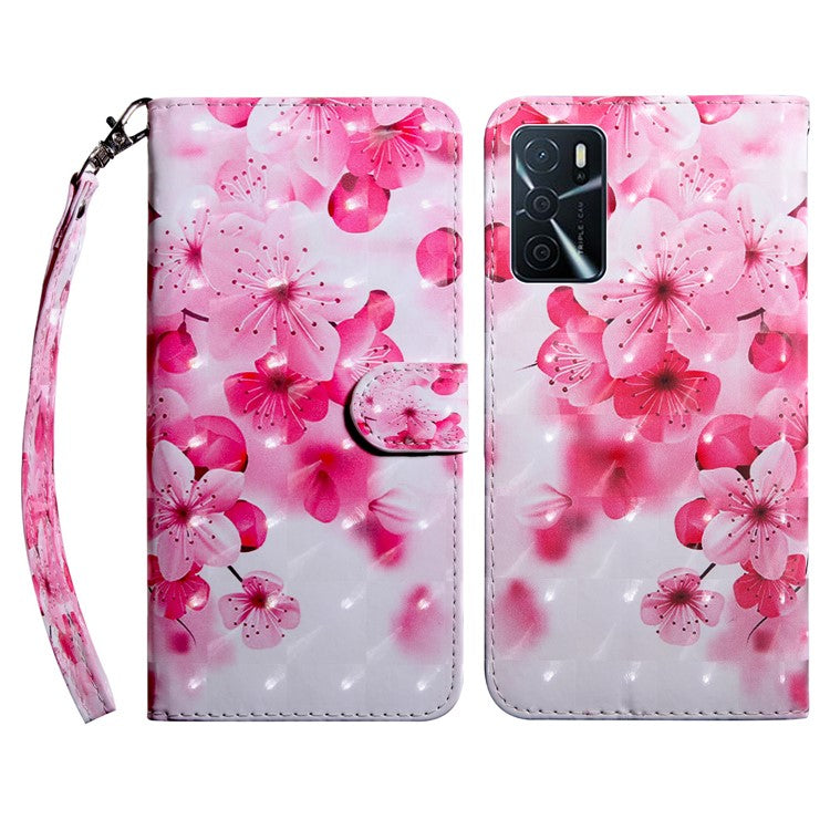 3D Pattern Printing PU Leather Soft TPU Inner Wallet Stand Flip Case with Strap for Oppo A16 / A16s / A54s / A54 4G / A55 5G - Peach Blossom