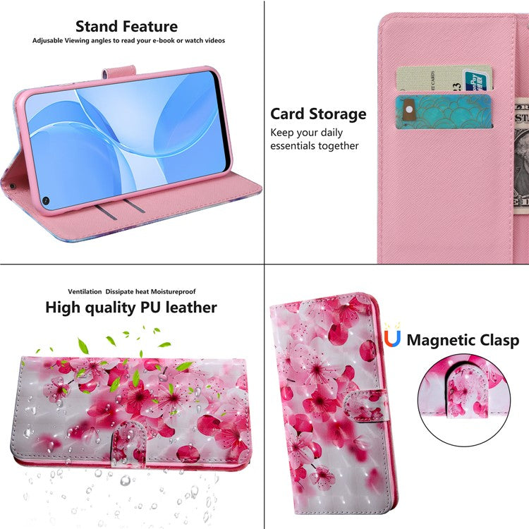 3D Pattern Printing PU Leather Soft TPU Inner Wallet Stand Flip Case with Strap for Oppo A16 / A16s / A54s / A54 4G / A55 5G - Peach Blossom