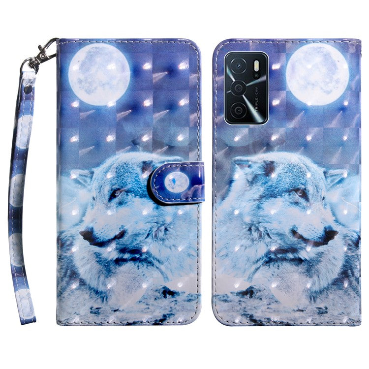 3D Pattern Printing PU Leather Soft TPU Inner Wallet Stand Flip Case with Strap for Oppo A16 / A16s / A54s / A54 4G / A55 5G - Snow Wolf