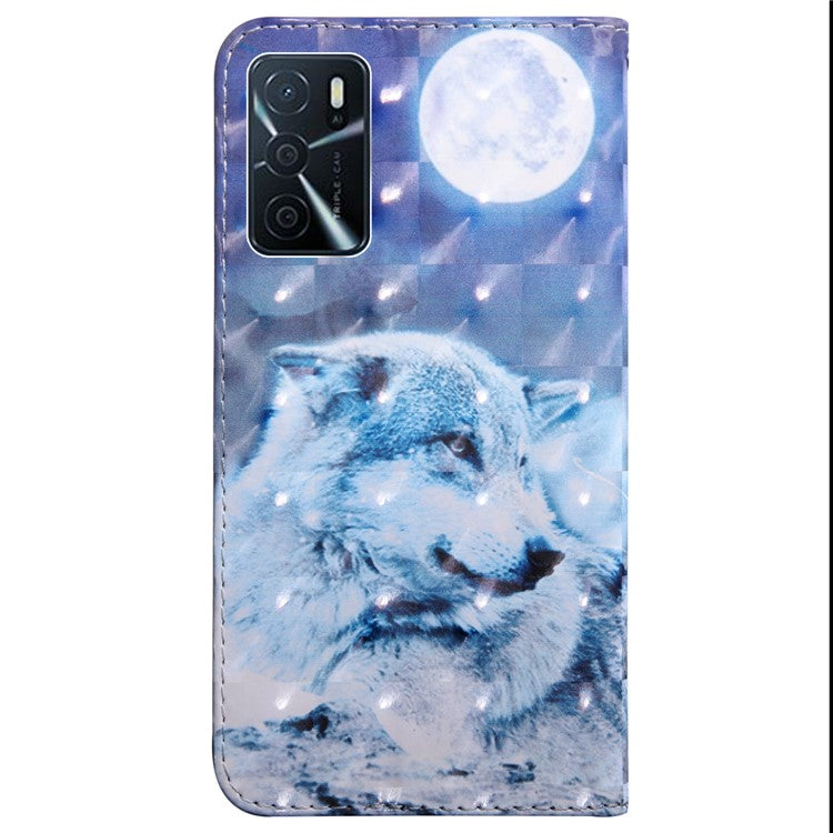 3D Pattern Printing PU Leather Soft TPU Inner Wallet Stand Flip Case with Strap for Oppo A16 / A16s / A54s / A54 4G / A55 5G - Snow Wolf