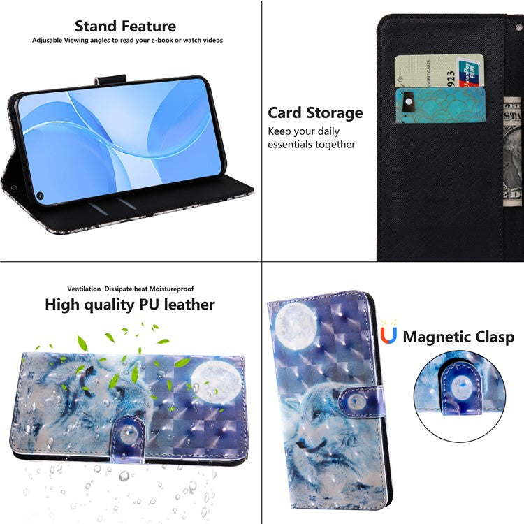 3D Pattern Printing PU Leather Soft TPU Inner Wallet Stand Flip Case with Strap for Oppo A16 / A16s / A54s / A54 4G / A55 5G - Snow Wolf