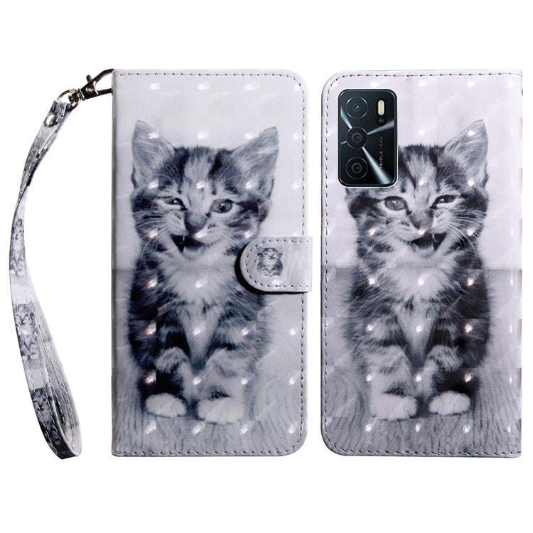 3D Pattern Printing PU Leather Soft TPU Inner Wallet Stand Flip Case with Strap for Oppo A16 / A16s / A54s / A54 4G / A55 5G - Cat