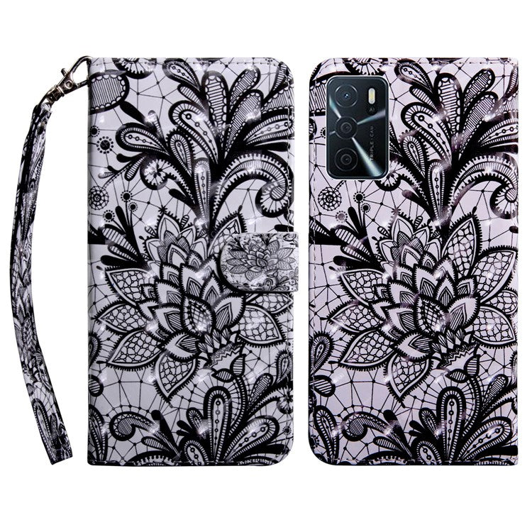 3D Pattern Printing PU Leather Soft TPU Inner Wallet Stand Flip Case with Strap for Oppo A16 / A16s / A54s / A54 4G / A55 5G - Lace Flower