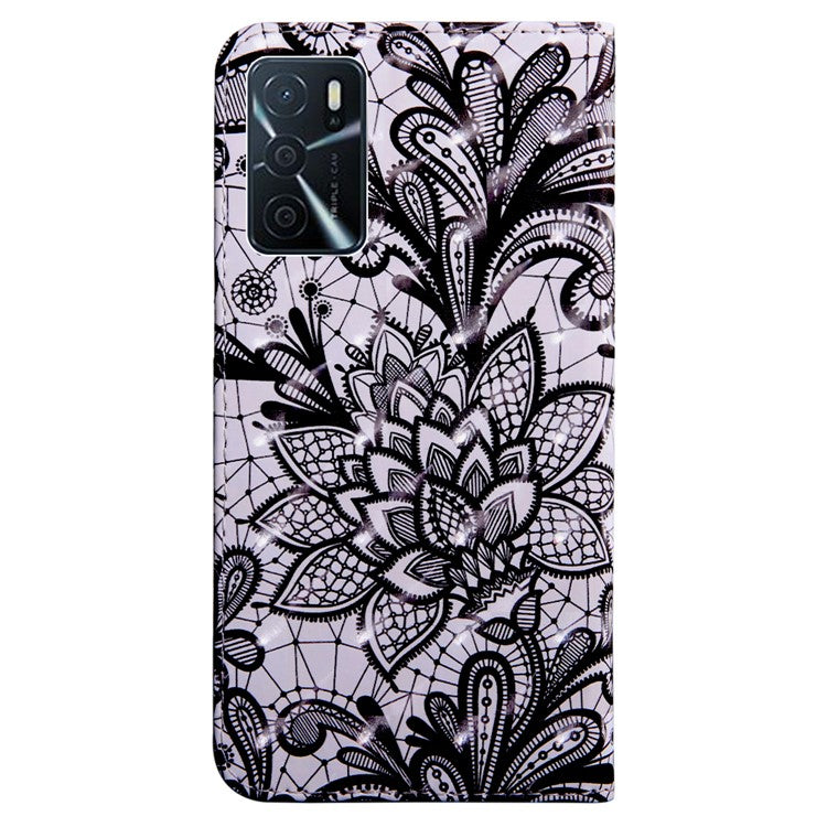 3D Pattern Printing PU Leather Soft TPU Inner Wallet Stand Flip Case with Strap for Oppo A16 / A16s / A54s / A54 4G / A55 5G - Lace Flower