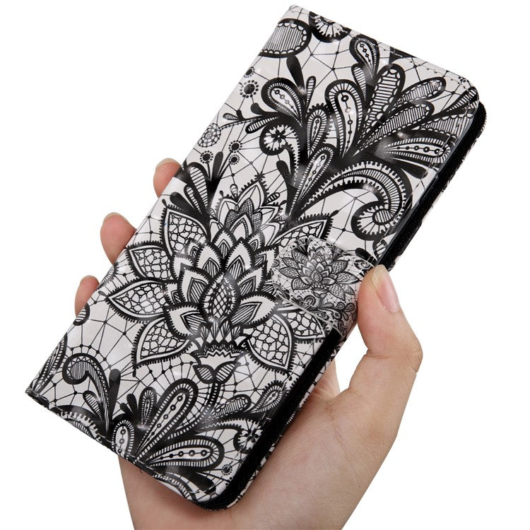 3D Pattern Printing PU Leather Soft TPU Inner Wallet Stand Flip Case with Strap for Oppo A16 / A16s / A54s / A54 4G / A55 5G - Lace Flower