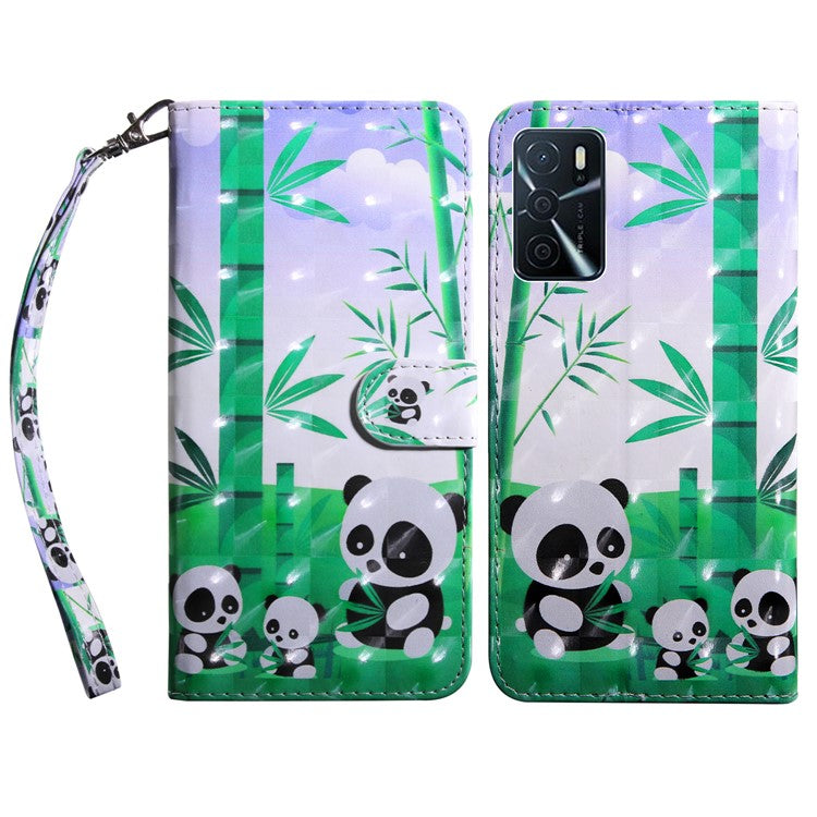 3D Pattern Printing PU Leather Soft TPU Inner Wallet Stand Flip Case with Strap for Oppo A16 / A16s / A54s / A54 4G / A55 5G - Panda Family