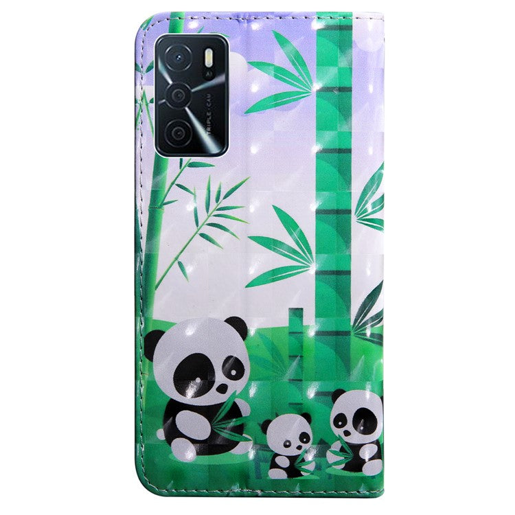 3D Pattern Printing PU Leather Soft TPU Inner Wallet Stand Flip Case with Strap for Oppo A16 / A16s / A54s / A54 4G / A55 5G - Panda Family