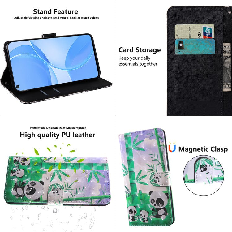 3D Pattern Printing PU Leather Soft TPU Inner Wallet Stand Flip Case with Strap for Oppo A16 / A16s / A54s / A54 4G / A55 5G - Panda Family