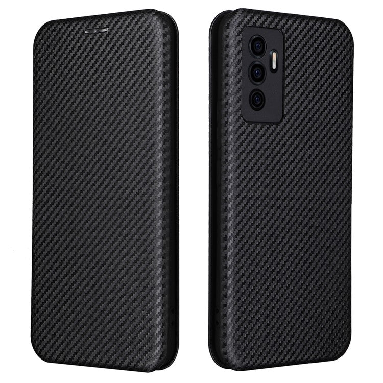 For vivo S10e/V23e Ring Strap Anti-fall Carbon Fiber Texture Auto-absorbed Magnetic Closure Leather Phone Case with Stand - Black