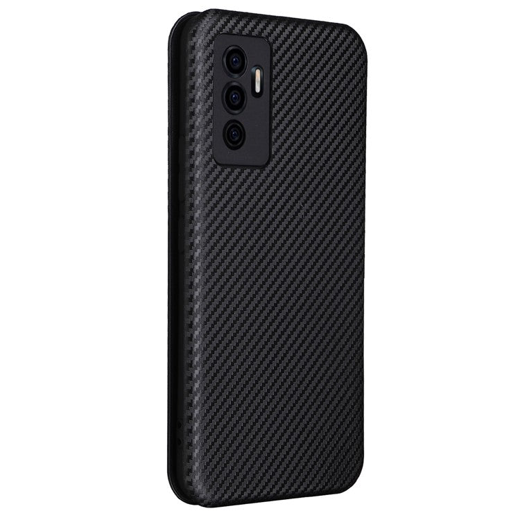 For vivo S10e/V23e Ring Strap Anti-fall Carbon Fiber Texture Auto-absorbed Magnetic Closure Leather Phone Case with Stand - Black