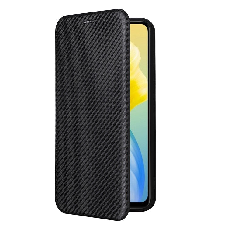 For vivo S10e/V23e Ring Strap Anti-fall Carbon Fiber Texture Auto-absorbed Magnetic Closure Leather Phone Case with Stand - Black