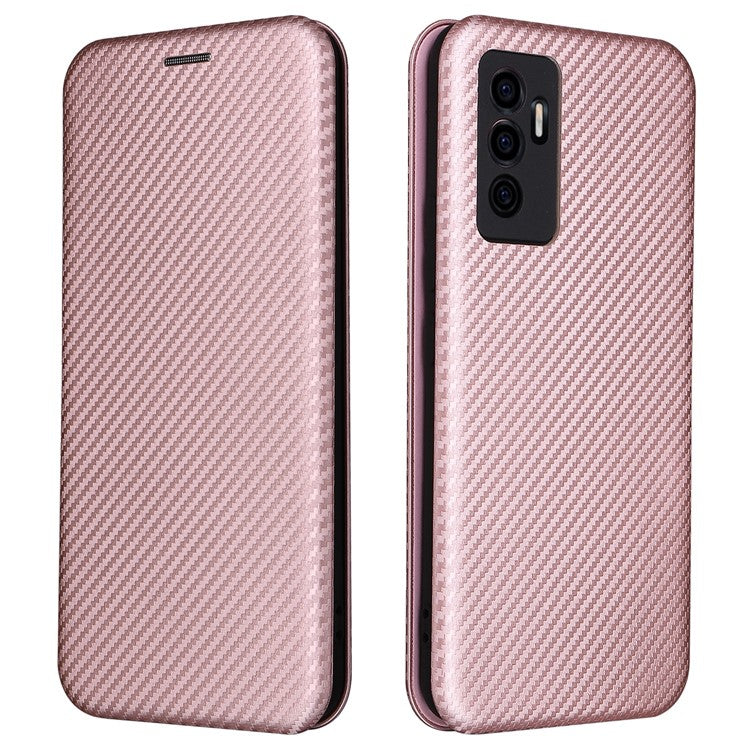 For vivo S10e/V23e Ring Strap Anti-fall Carbon Fiber Texture Auto-absorbed Magnetic Closure Leather Phone Case with Stand - Rose Gold