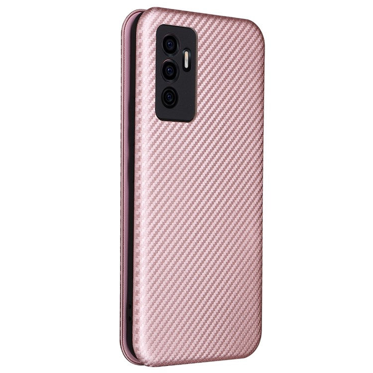 For vivo S10e/V23e Ring Strap Anti-fall Carbon Fiber Texture Auto-absorbed Magnetic Closure Leather Phone Case with Stand - Rose Gold