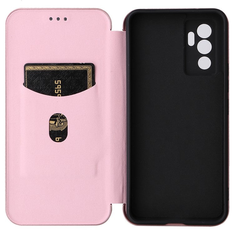 For vivo S10e/V23e Ring Strap Anti-fall Carbon Fiber Texture Auto-absorbed Magnetic Closure Leather Phone Case with Stand - Rose Gold