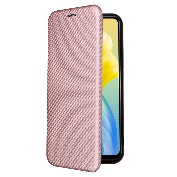 For vivo S10e/V23e Ring Strap Anti-fall Carbon Fiber Texture Auto-absorbed Magnetic Closure Leather Phone Case with Stand - Rose Gold