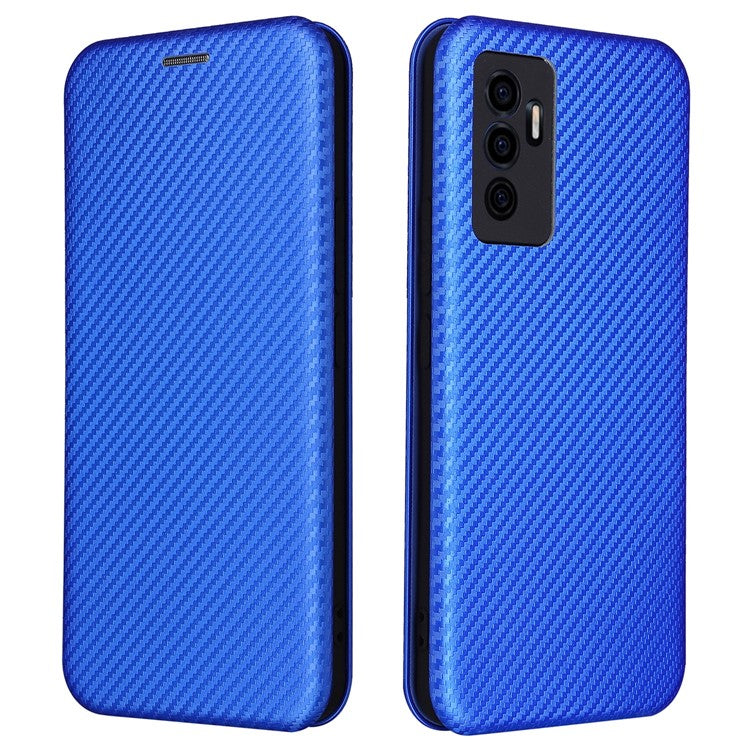 For vivo S10e/V23e Ring Strap Anti-fall Carbon Fiber Texture Auto-absorbed Magnetic Closure Leather Phone Case with Stand - Blue