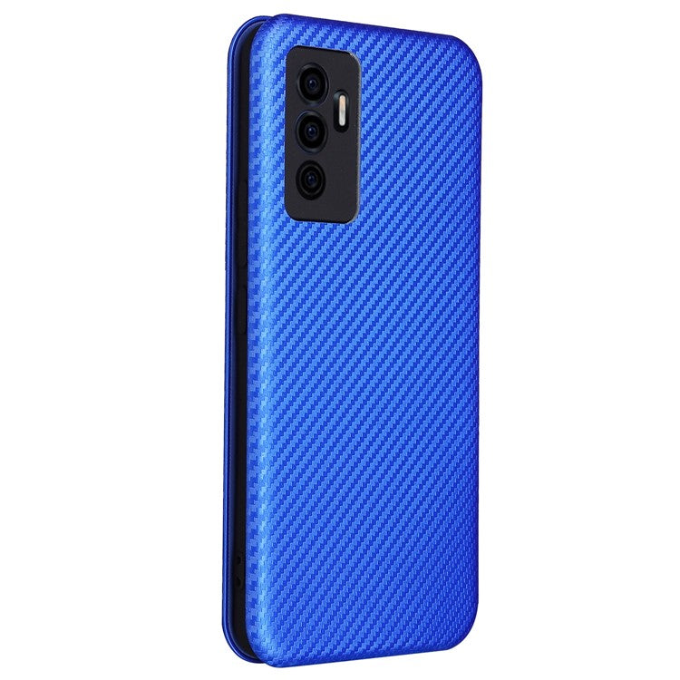 For vivo S10e/V23e Ring Strap Anti-fall Carbon Fiber Texture Auto-absorbed Magnetic Closure Leather Phone Case with Stand - Blue