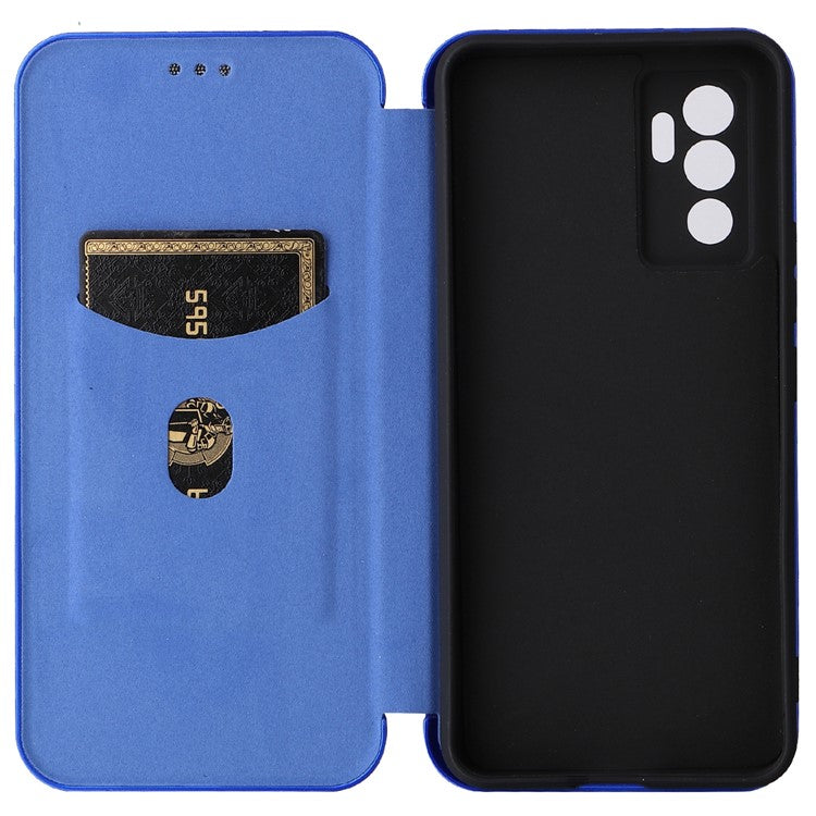 For vivo S10e/V23e Ring Strap Anti-fall Carbon Fiber Texture Auto-absorbed Magnetic Closure Leather Phone Case with Stand - Blue