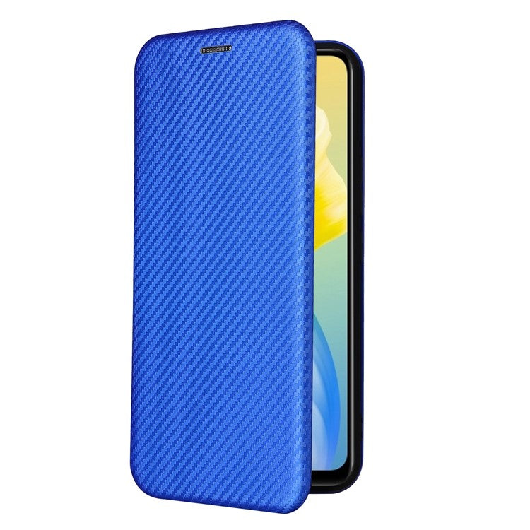 For vivo S10e/V23e Ring Strap Anti-fall Carbon Fiber Texture Auto-absorbed Magnetic Closure Leather Phone Case with Stand - Blue