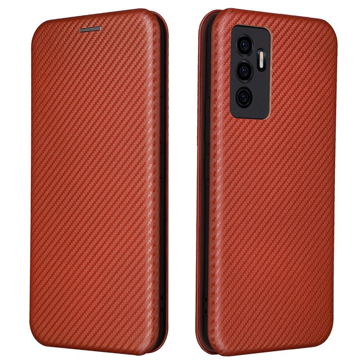 For vivo S10e/V23e Ring Strap Anti-fall Carbon Fiber Texture Auto-absorbed Magnetic Closure Leather Phone Case with Stand - Orange