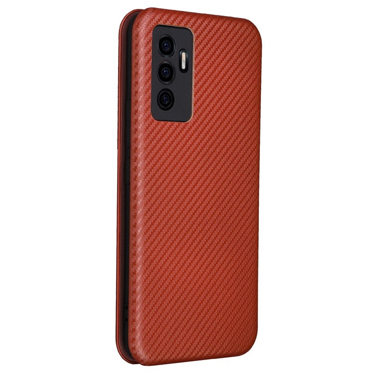 For vivo S10e/V23e Ring Strap Anti-fall Carbon Fiber Texture Auto-absorbed Magnetic Closure Leather Phone Case with Stand - Orange