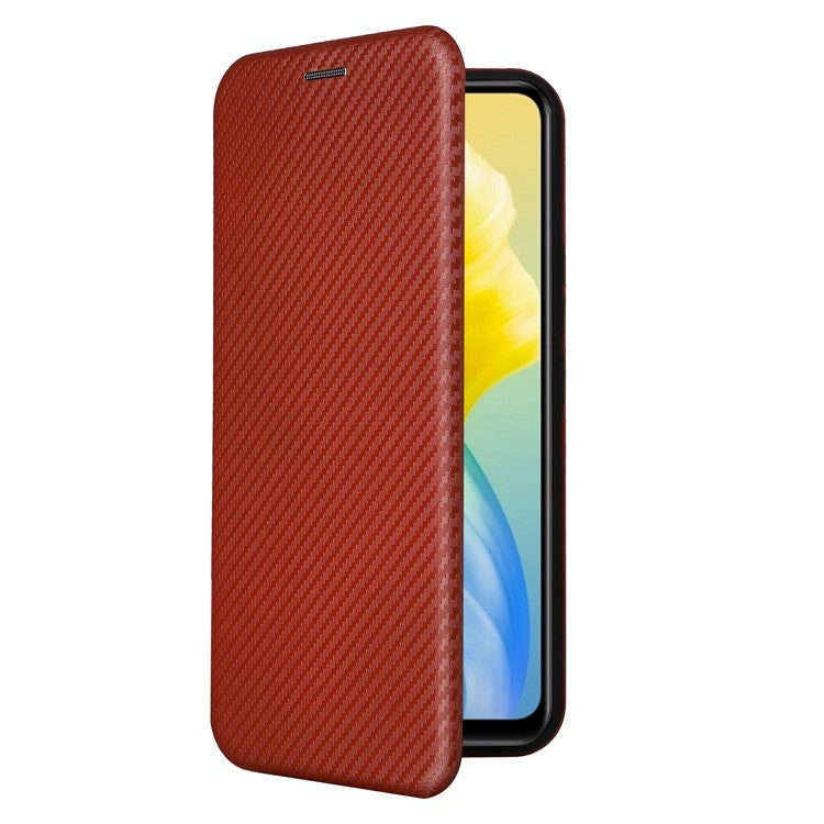 For vivo S10e/V23e Ring Strap Anti-fall Carbon Fiber Texture Auto-absorbed Magnetic Closure Leather Phone Case with Stand - Orange