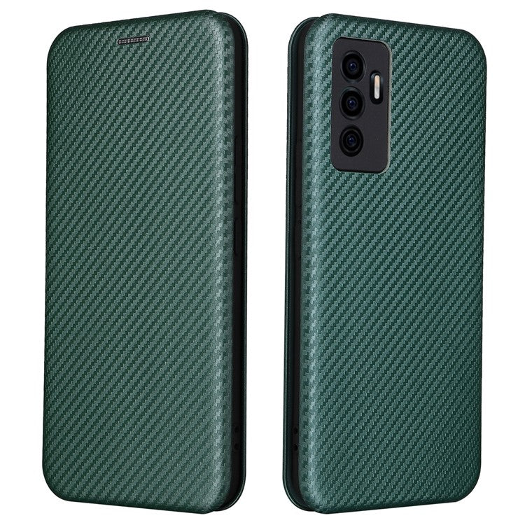 For vivo S10e/V23e Ring Strap Anti-fall Carbon Fiber Texture Auto-absorbed Magnetic Closure Leather Phone Case with Stand - Green