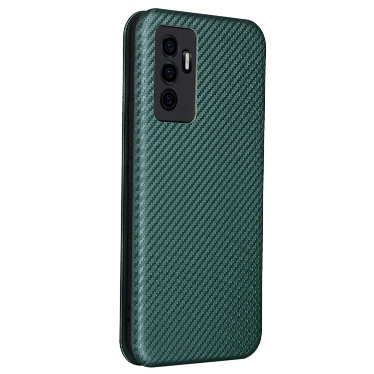 For vivo S10e/V23e Ring Strap Anti-fall Carbon Fiber Texture Auto-absorbed Magnetic Closure Leather Phone Case with Stand - Green