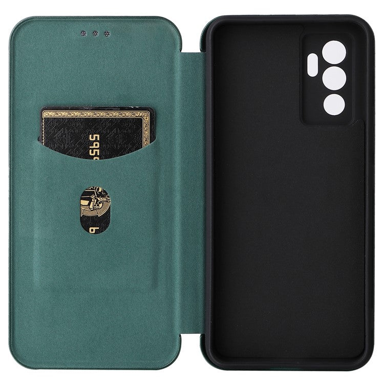 For vivo S10e/V23e Ring Strap Anti-fall Carbon Fiber Texture Auto-absorbed Magnetic Closure Leather Phone Case with Stand - Green