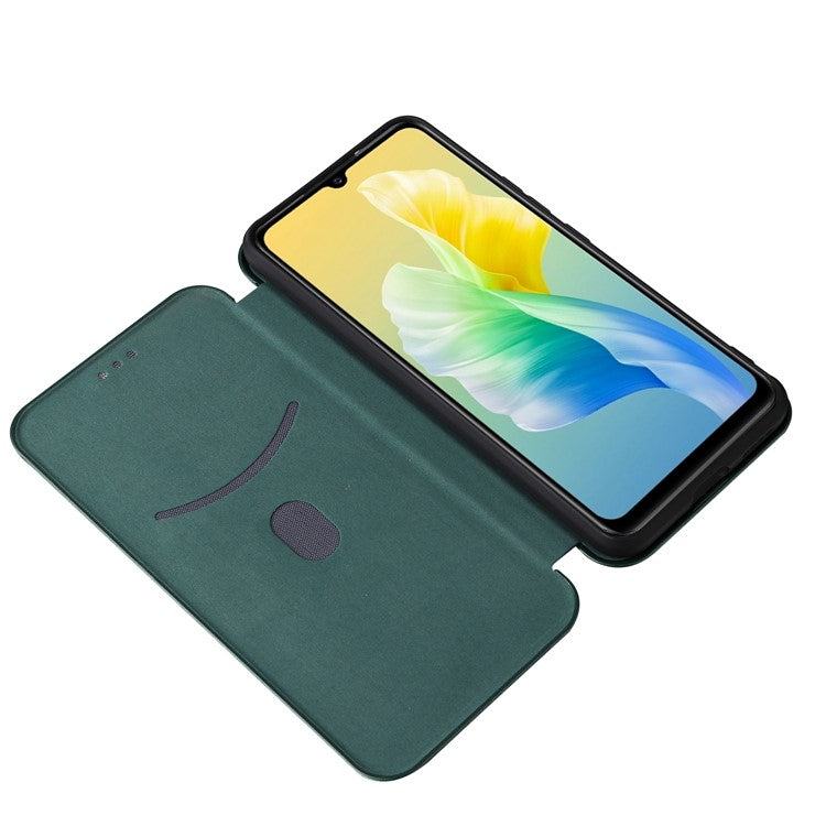 For vivo S10e/V23e Ring Strap Anti-fall Carbon Fiber Texture Auto-absorbed Magnetic Closure Leather Phone Case with Stand - Green