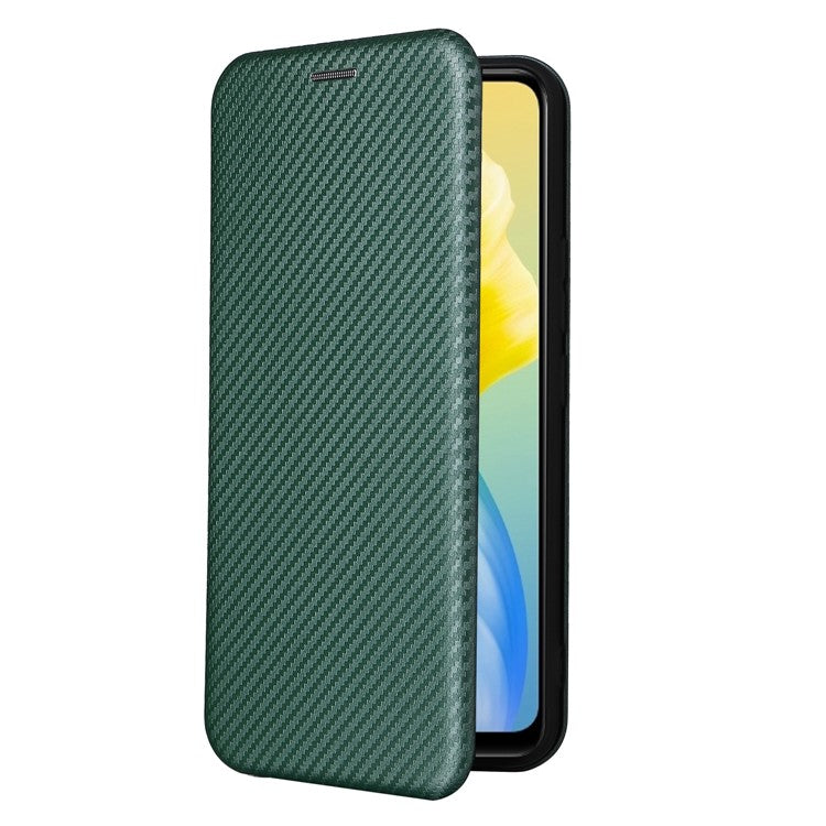 For vivo S10e/V23e Ring Strap Anti-fall Carbon Fiber Texture Auto-absorbed Magnetic Closure Leather Phone Case with Stand - Green