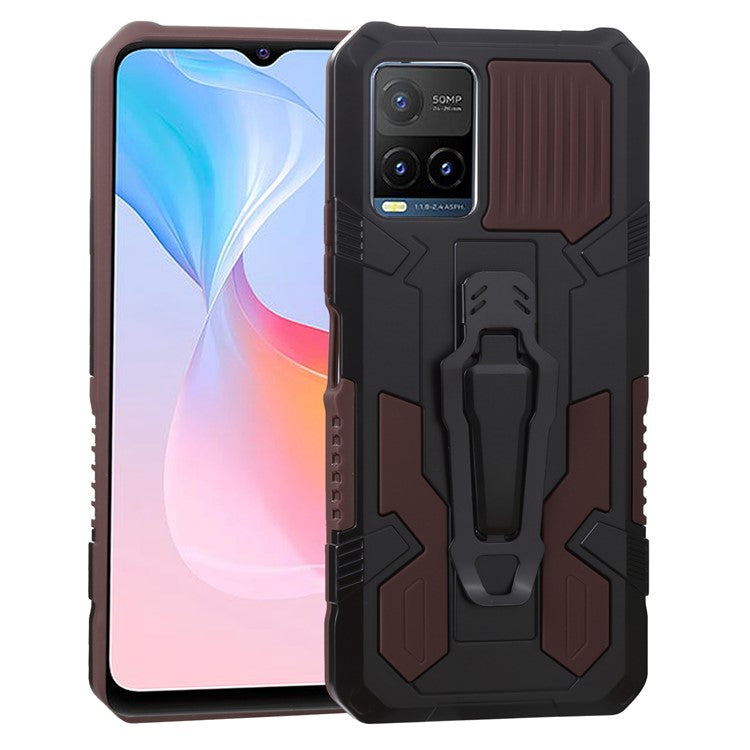 For vivo Y21s Anti-Scratch PC + TPU Phone Case with Built-in Magnetic-Absorbed Metal Plate Back Clip Kickstand Design Hybrid Cover - Coffee