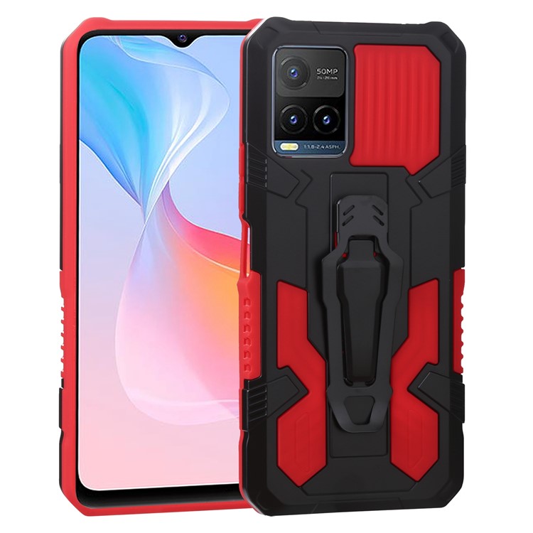 For vivo Y21s Anti-Scratch PC + TPU Phone Case with Built-in Magnetic-Absorbed Metal Plate Back Clip Kickstand Design Hybrid Cover - Red