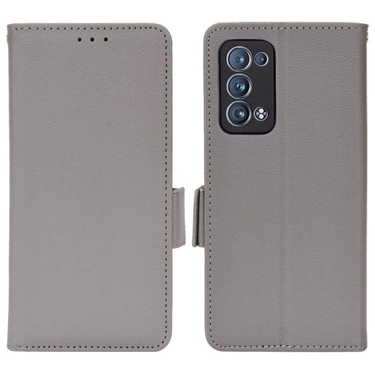 Well-protected Double Magnetic Clasp Litchi Texture PU Leather Stand Wallet Case Shell for Oppo Reno6 Pro+ 5G/Reno6 Pro 5G (Snapdragon) - Grey