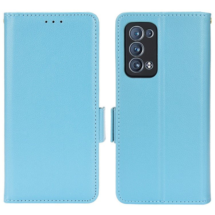 Well-protected Double Magnetic Clasp Litchi Texture PU Leather Stand Wallet Case Shell for Oppo Reno6 Pro+ 5G/Reno6 Pro 5G (Snapdragon) - Baby Blue