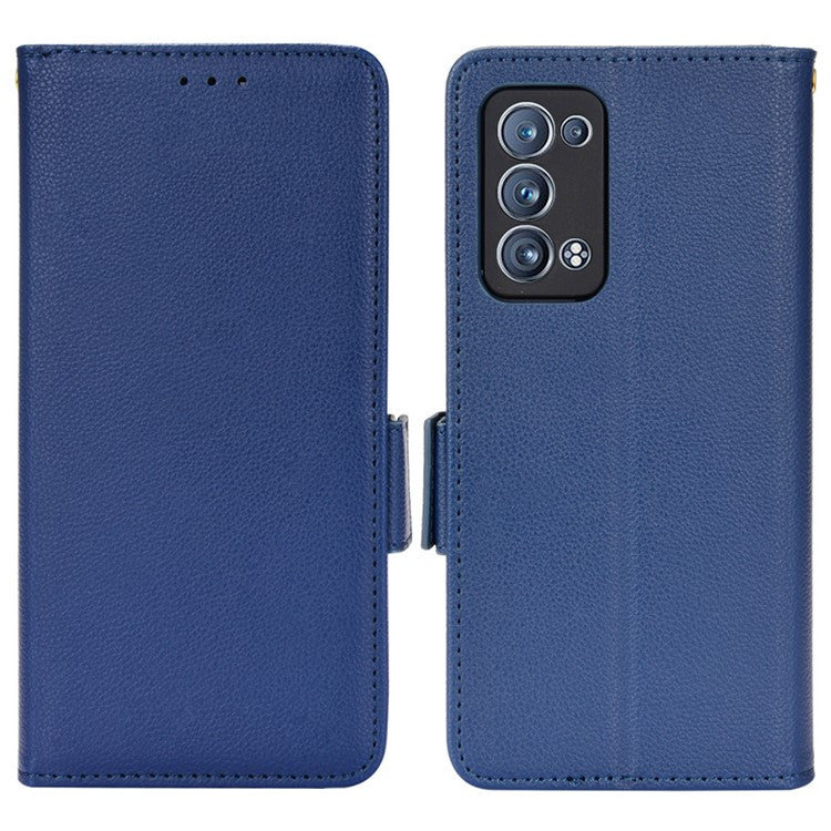 Well-protected Double Magnetic Clasp Litchi Texture PU Leather Stand Wallet Case Shell for Oppo Reno6 Pro+ 5G/Reno6 Pro 5G (Snapdragon) - Dark Blue