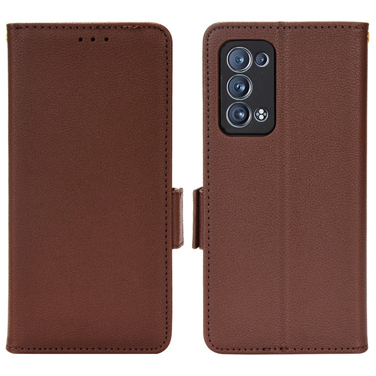 Well-protected Double Magnetic Clasp Litchi Texture PU Leather Stand Wallet Case Shell for Oppo Reno6 Pro+ 5G/Reno6 Pro 5G (Snapdragon) - Brown