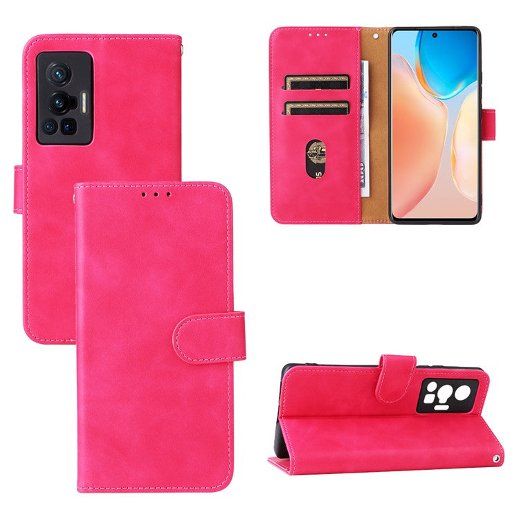 Skin-touch Feeling Stand Wallet Leather Case Full Protection Folio Flip Protective Cover for vivo X70 Pro - Rose