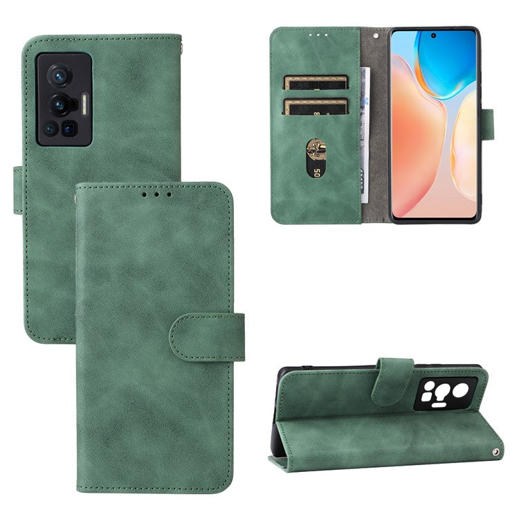 Skin-touch Feeling Stand Wallet Leather Case Full Protection Folio Flip Protective Cover for vivo X70 Pro - Green