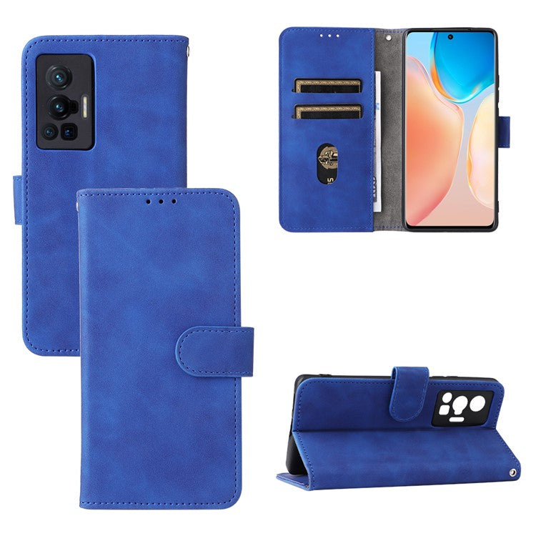 Skin-touch Feeling Stand Wallet Leather Case Full Protection Folio Flip Protective Cover for vivo X70 Pro - Blue