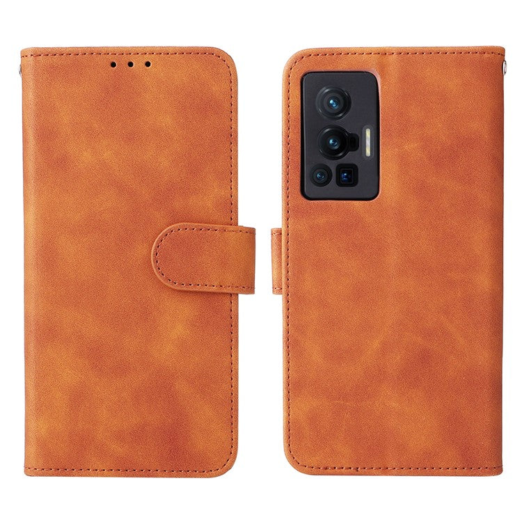 Skin-touch Feeling Stand Wallet Leather Case Full Protection Folio Flip Protective Cover for vivo X70 Pro - Brown