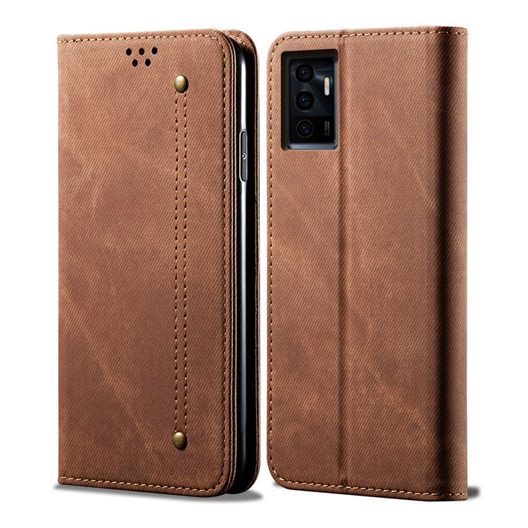 Scratch-resistant Jeans Cloth Texture PU Leather Flip Case Wallet Stand TPU Inner Shell Phone Cover for vivo V23e 4G/5G / S10e - Coffee