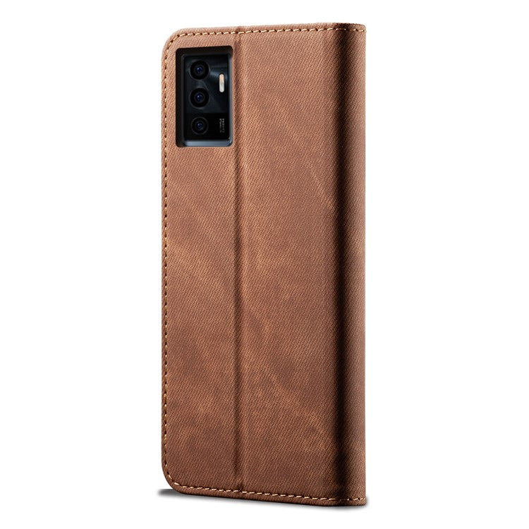 Scratch-resistant Jeans Cloth Texture PU Leather Flip Case Wallet Stand TPU Inner Shell Phone Cover for vivo V23e 4G/5G / S10e - Coffee