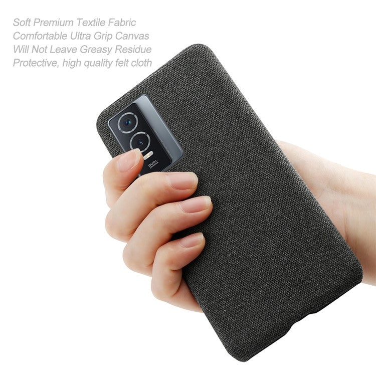 Soft Cloth Coated Hard PC Shockproof Non-Slip Protective Phone Case for vivo Y76 5G / Y76s - Black