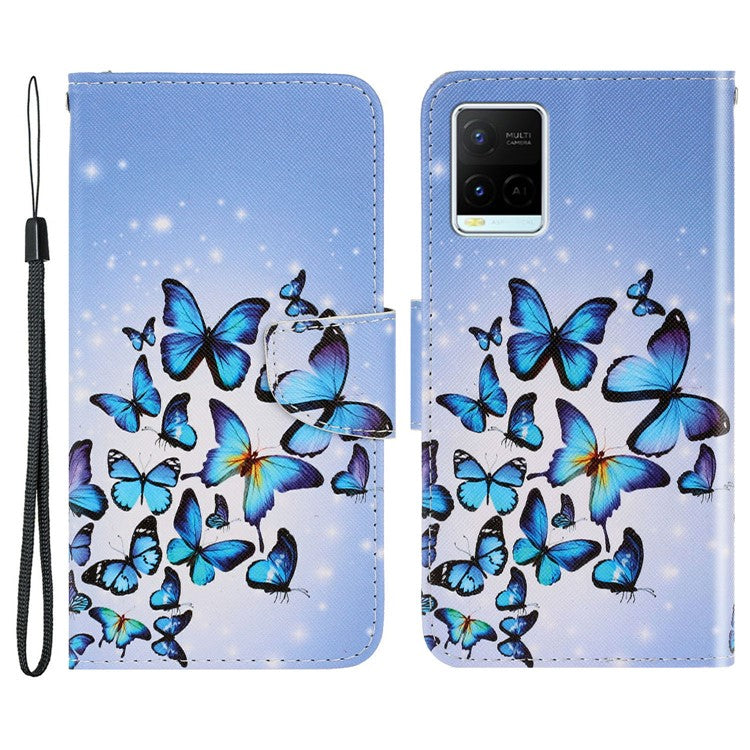 Anti-scratch Drop-proof Pattern Printing Case PU Leather Flip Wallet Cross Texture Stand Cover for vivo Y21/Y21s/Y33s - Butterflies