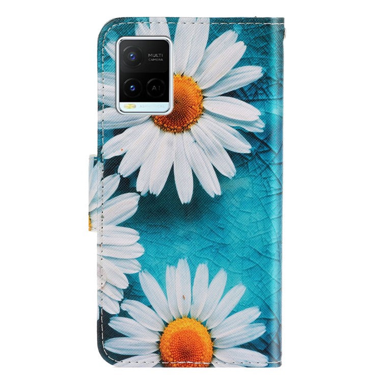 Anti-scratch Drop-proof Pattern Printing Case PU Leather Flip Wallet Cross Texture Stand Cover for vivo Y21/Y21s/Y33s - Chrysanthemum