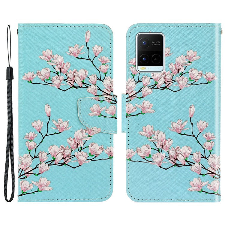 Anti-scratch Drop-proof Pattern Printing Case PU Leather Flip Wallet Cross Texture Stand Cover for vivo Y21/Y21s/Y33s - Pink Flower