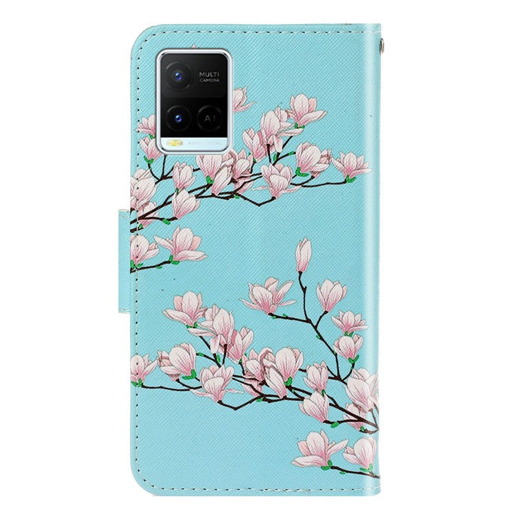 Anti-scratch Drop-proof Pattern Printing Case PU Leather Flip Wallet Cross Texture Stand Cover for vivo Y21/Y21s/Y33s - Pink Flower