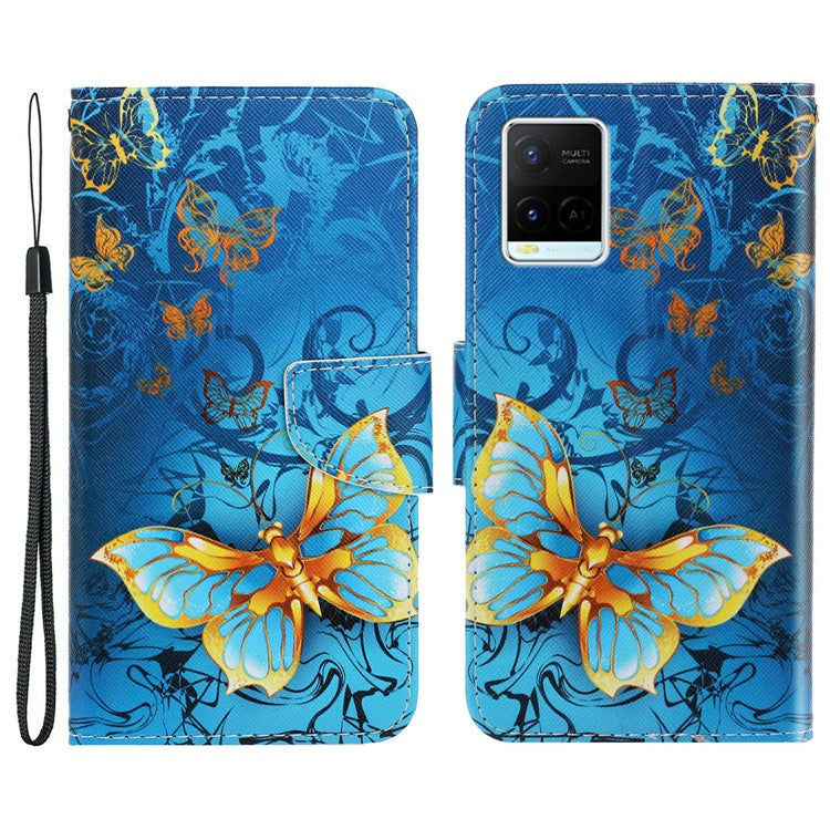 Anti-scratch Drop-proof Pattern Printing Case PU Leather Flip Wallet Cross Texture Stand Cover for vivo Y21/Y21s/Y33s - Golden Butterfly