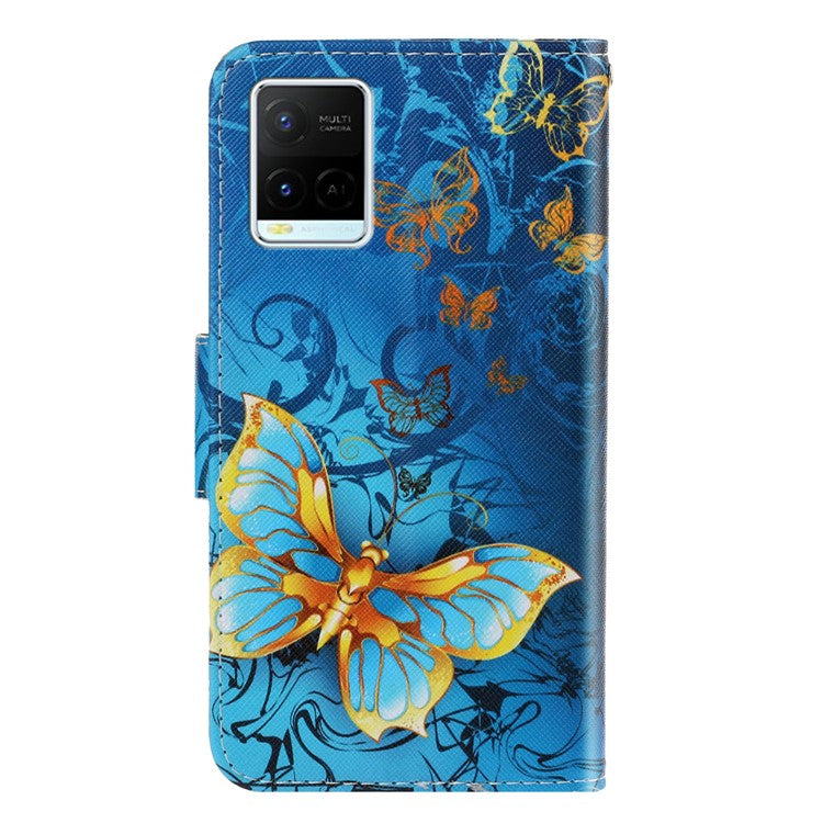 Anti-scratch Drop-proof Pattern Printing Case PU Leather Flip Wallet Cross Texture Stand Cover for vivo Y21/Y21s/Y33s - Golden Butterfly